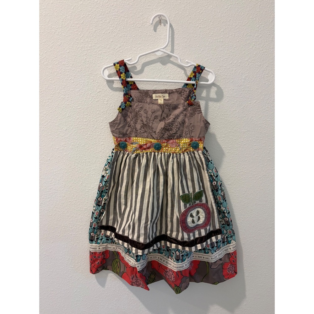 Matilda Jane Girls Patchwork Apple Applique Knot Dress Size 6 Floral Striped